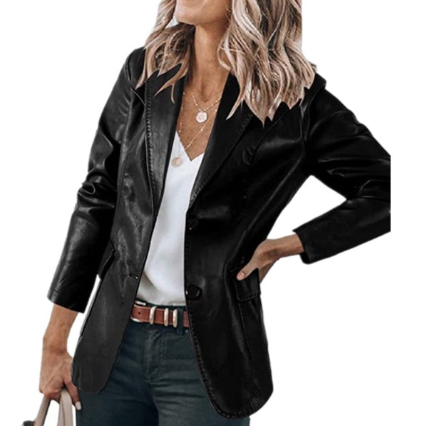 Lapel Single Breasted Solid Color PU Leather Women's Coat