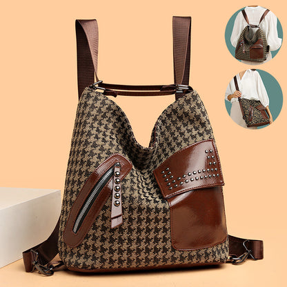 Houndstooth Backpack Women Fashion Rivet Design Leopard Shoulder Bags