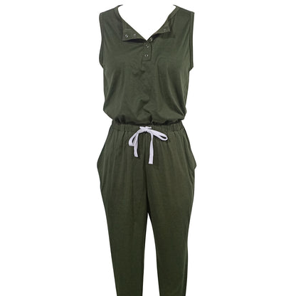 Women's Solid Color Off Shoulder Sleeveless Five Claw Button Top With Pocket Strap Long Pants Two-piece Set