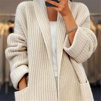 Lapel Knitted Cardigan With Pockets Fashion Casual Loose Sweater Jacket Fall Spring Women's Clothing