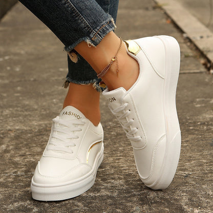 Women's White Lace-Up Thick Sole Casual Flats