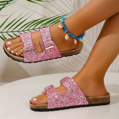 Double Buckle Sandals For Women New Fashion Sequined Beach Shoes Summer Leisure Outdoor Slippers Slides