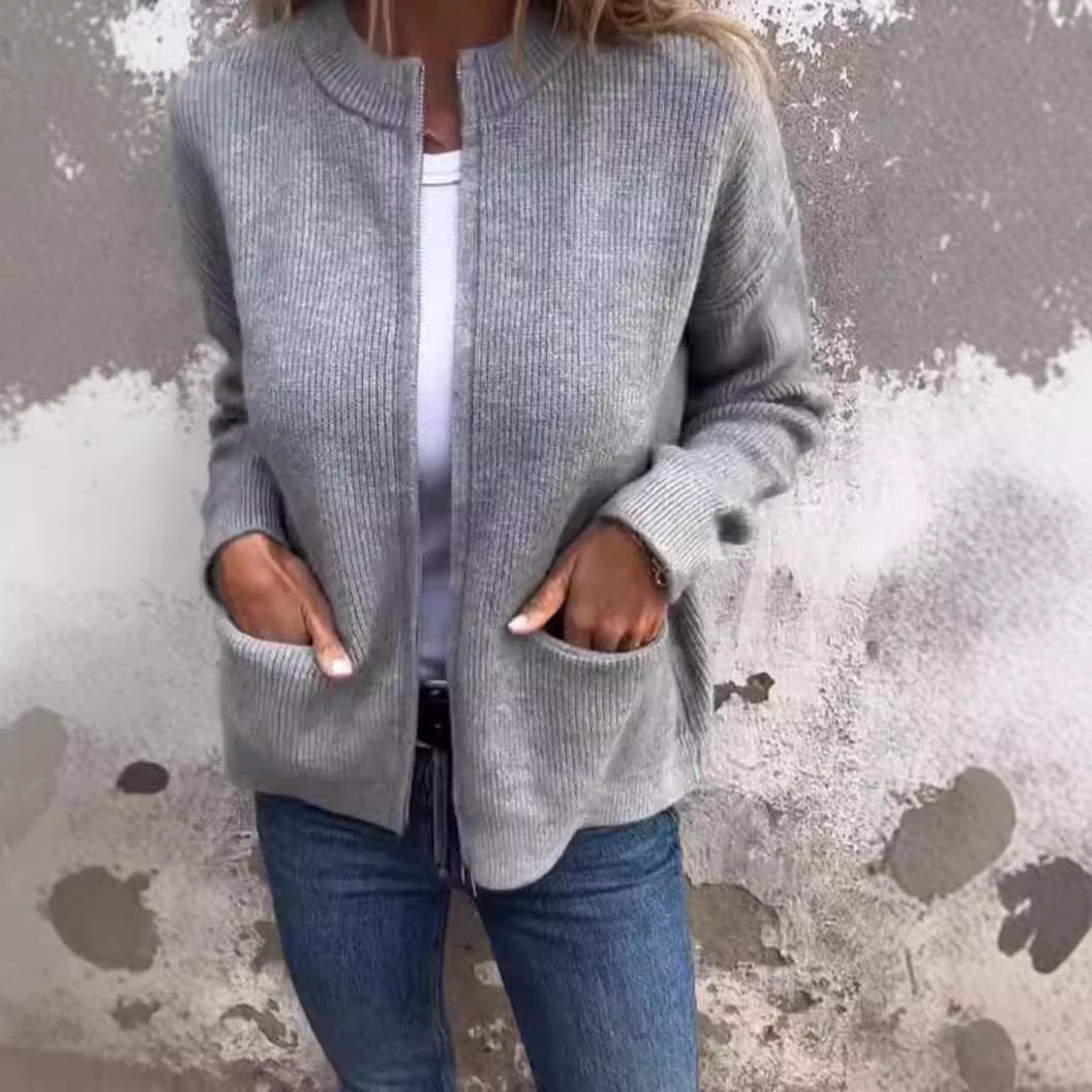 New Solid Color Casual Coat Zipper Sweater Cardigan