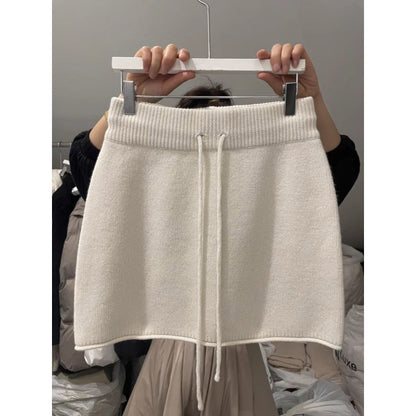 Professional Western Style Elastic Waistband Lace-Up Knitted Skirt - Urban Design (3 Colors, S-XL, Temperament Commute)