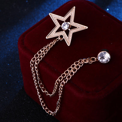 Fashion Tassel Chain Pentagram Rhinestone Brooch For Men