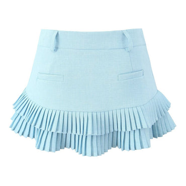 Professional Women's Pleated Mini Skirt - Polyester Stitching Design (3 Colors, S-L, Splicing Elements)