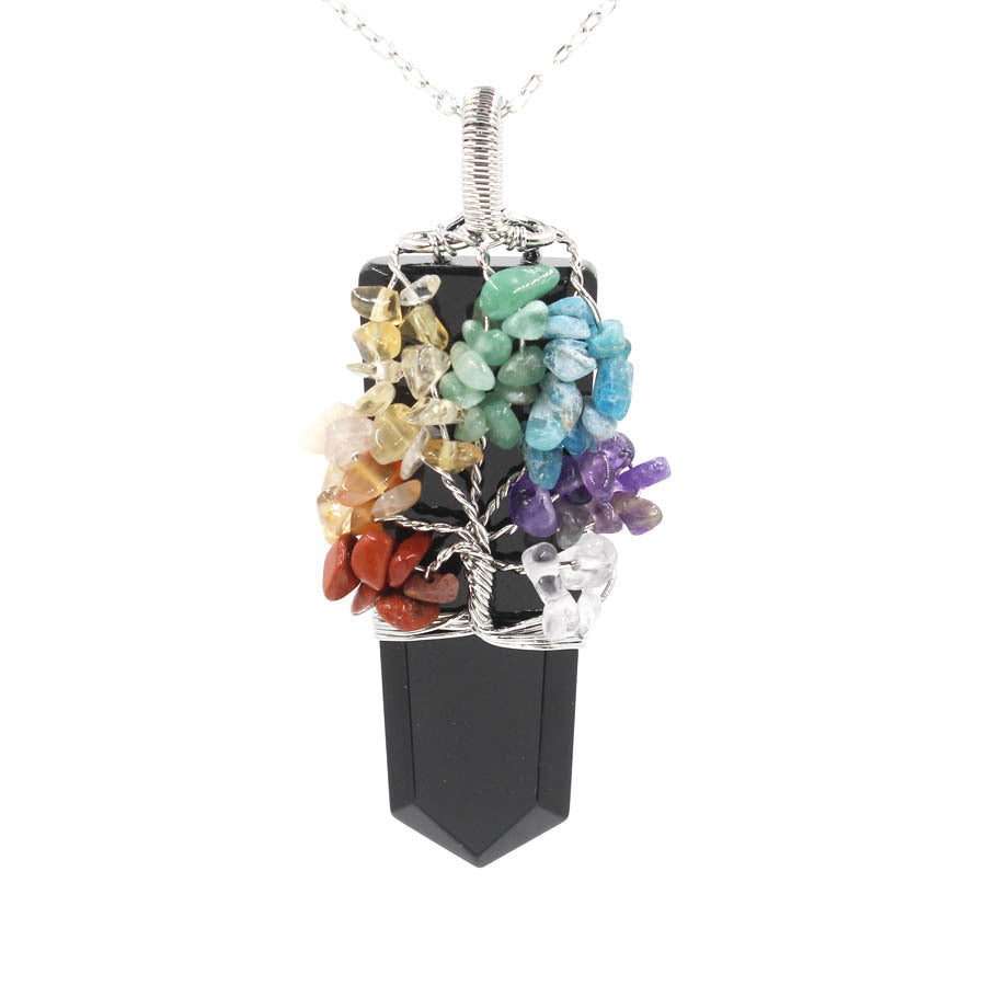 Collier pendentif à remontage arbre de vie colonne de cristal