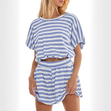 Dam Kortärmad Randig T-shirt Lös Midja Outfit Shorts Casual Kostym