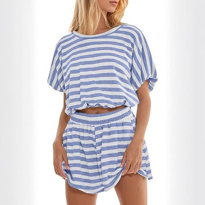 Dam Kortärmad Randig T-shirt Lös Midja Outfit Shorts Casual Kostym