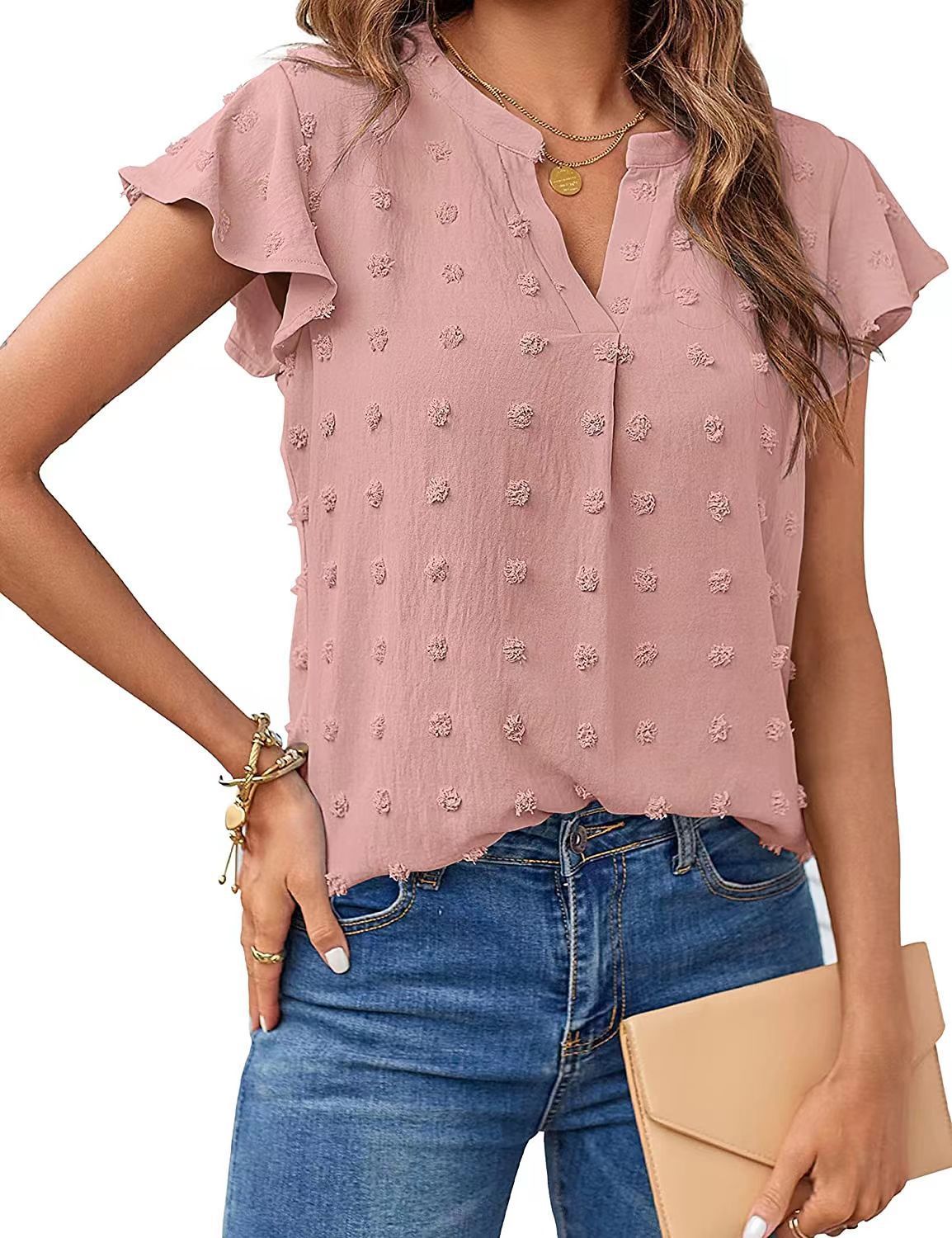 Women Summer V Neck Ruffle Short Sleeve Blouse Dot Flowy Shirt Top