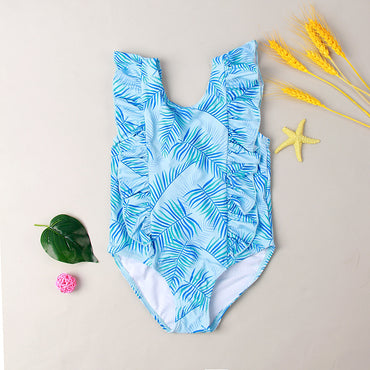 New Girls' One-piece Ruffled Green Leaf Pattern Swimsuit