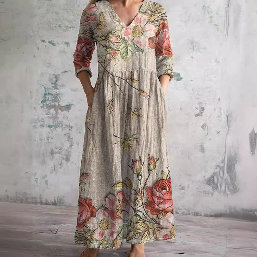 Casual Women's Fashion Floral Print Mid-length Dress