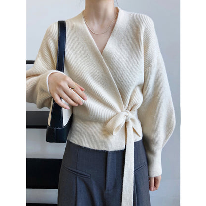 French Retro Knitted Cardigan Top - V-neck, Tie, Loose Fit, Handmade Spring Clothing