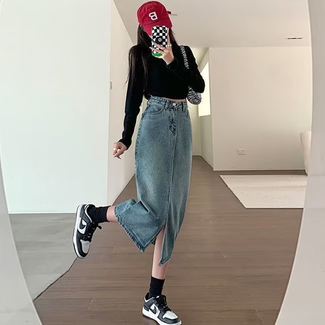 Professional High Waist Slit Denim Skirt - A-Line Slimming Hip-Covering (Mid-Length, Women's Design)