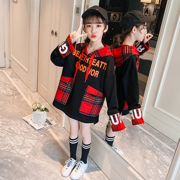 Plaid Stitching Hooded Sweater In The Big Kids Korean Letter Print Top