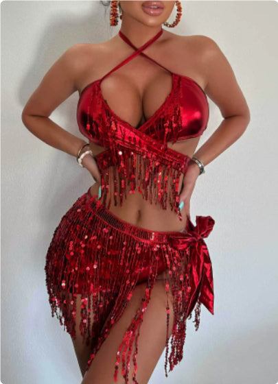 Fission Sexy Tassel Bikini Swimsuit Three-piece Female Cloth