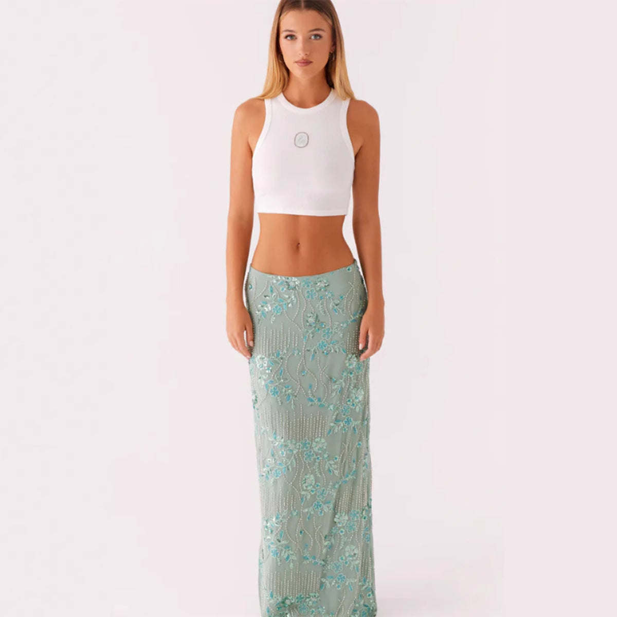 Beaded And Sequined Embroidered Bodycon Skirt Womens Long Skirt