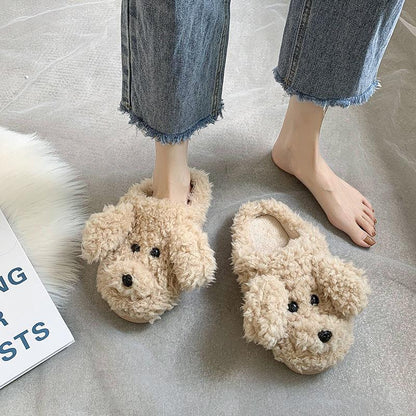 Comwarm Cute Dog Short Plush Slippers For Women Winter Warm Furry Cotton Shoes Couples Home Indoor Bedroom Cozy Slippers