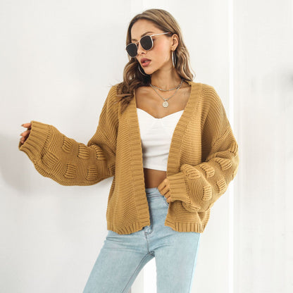 Cardigan à manches bouffantes pour femmes, pull, vêtements avant, manteau en tricot épais