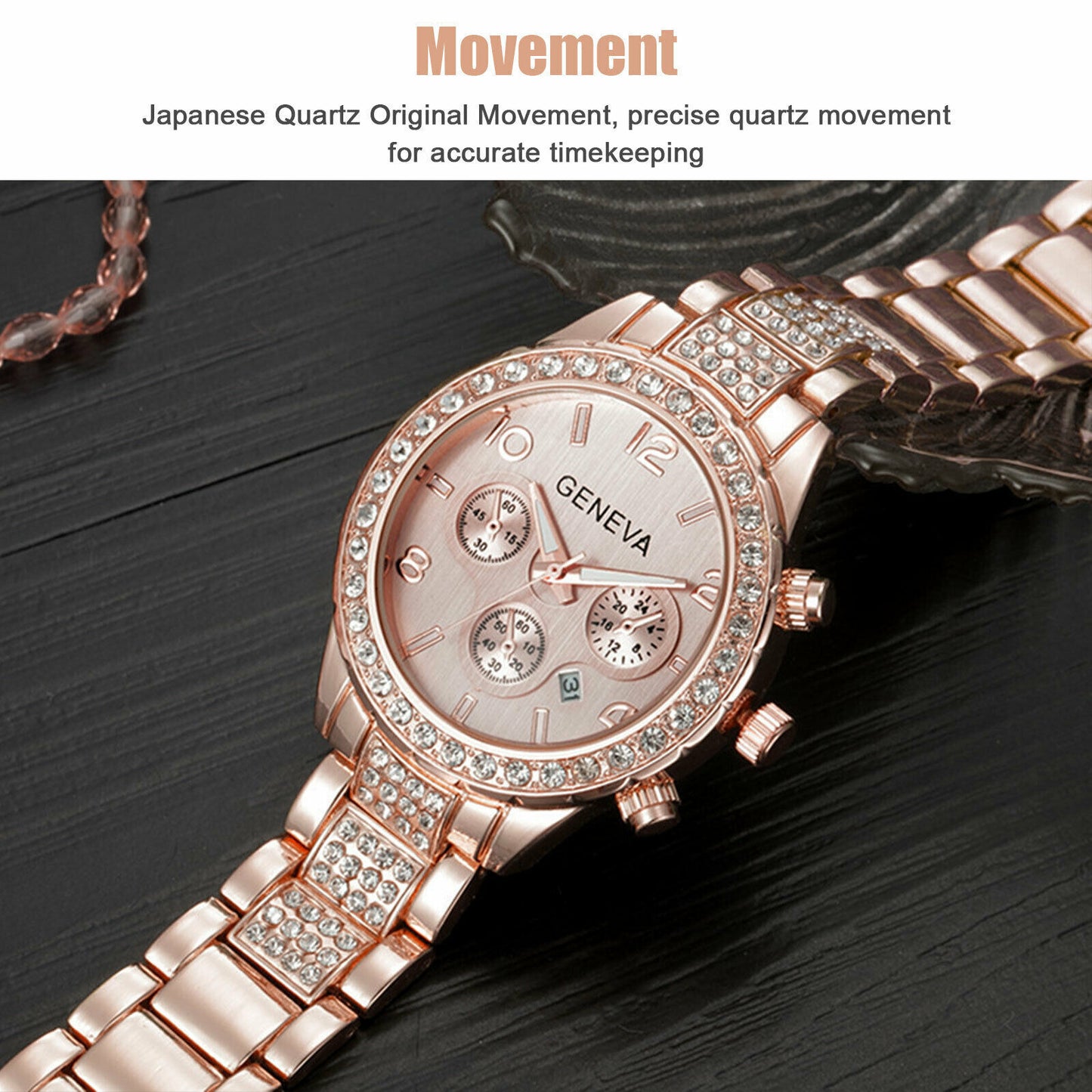 Montre-bracelet ronde à Quartz en cristal d'acier inoxydable classique de luxe de femmes imperméables