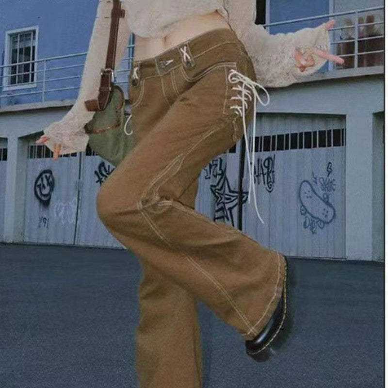 Retro American Low-waisted Tight Micro-flared Pants Girl