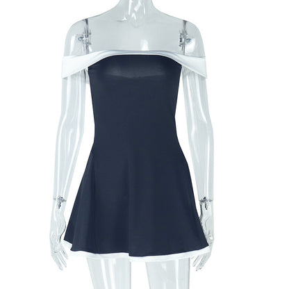 Women's Black And White Patchwork Summer Dress Y2K Trend Slash Neck Backless Sweet Girl Chic Ruched Mini Bodycon Streetwear