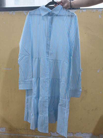 Ins Striped Long-sleeved Shirt Dress Fashion Lapel Button Dresses For Women