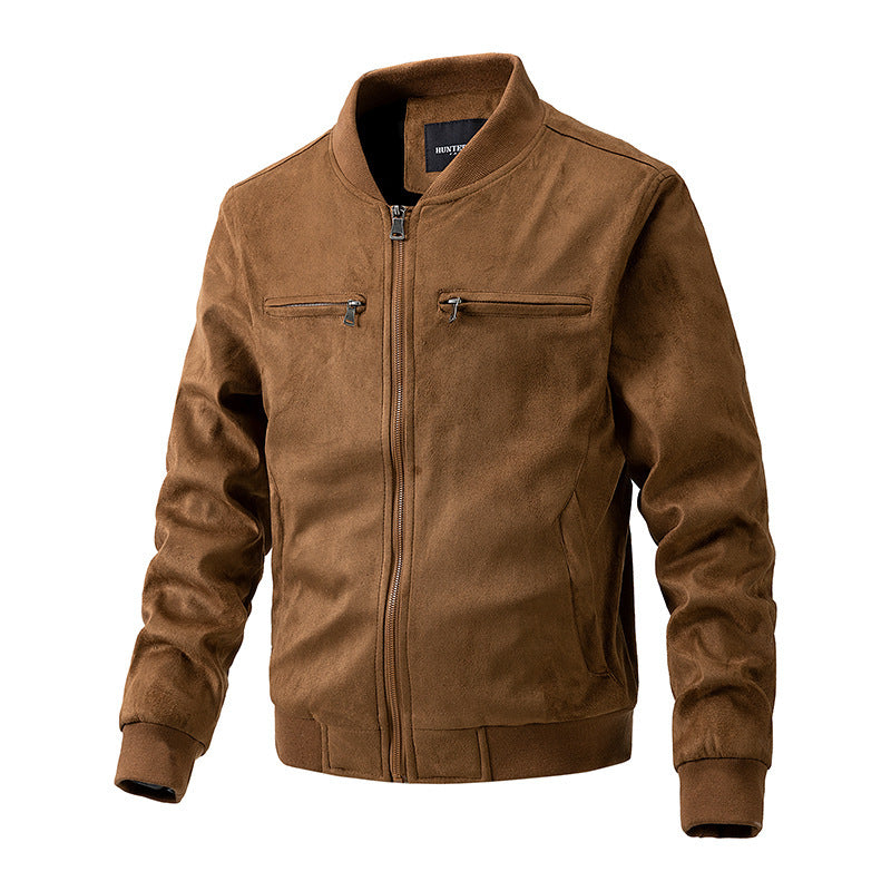 Veste en daim à col montant pour hommes, vêtements avec Double fermeture éclair et poche