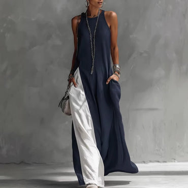 Women Strappy Maxi Dress A-line Vest Type Color Block Summer Beach Dress Loose Casual Halter Neck Pocket Side Split Long Dresses