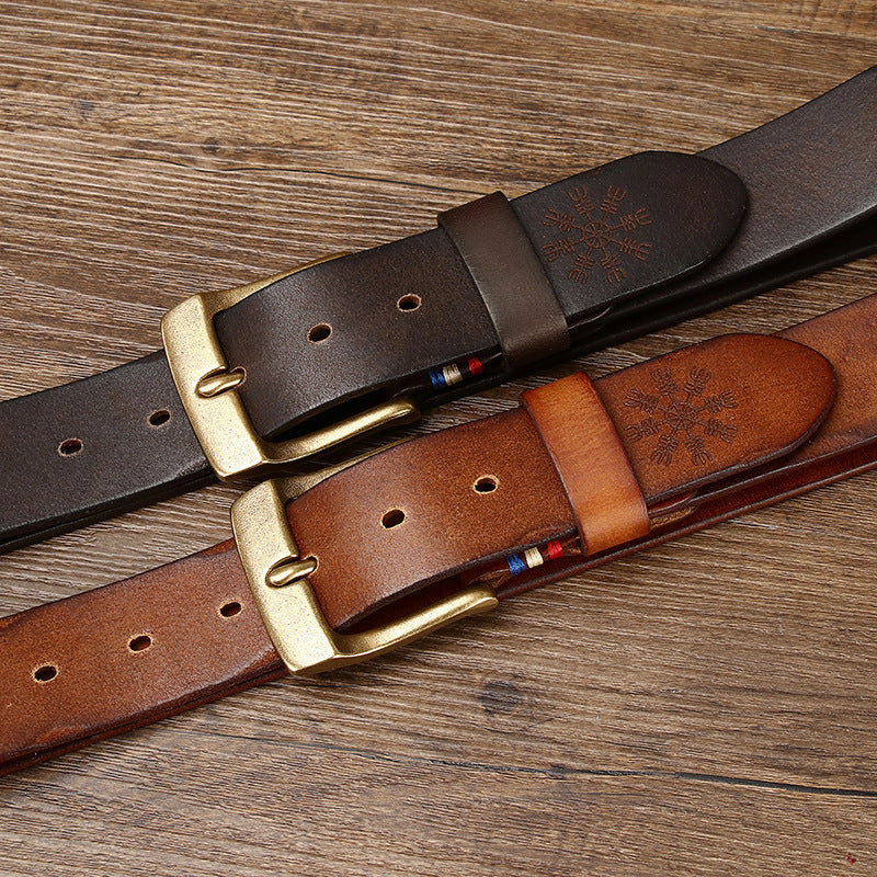 Men's Retro Laser Engraving Cowhide Brass Buckle Belt - Artistic Distinction