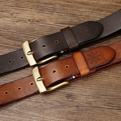 Men's Retro Laser Engraving Cowhide Brass Buckle Belt - Artistic Distinction