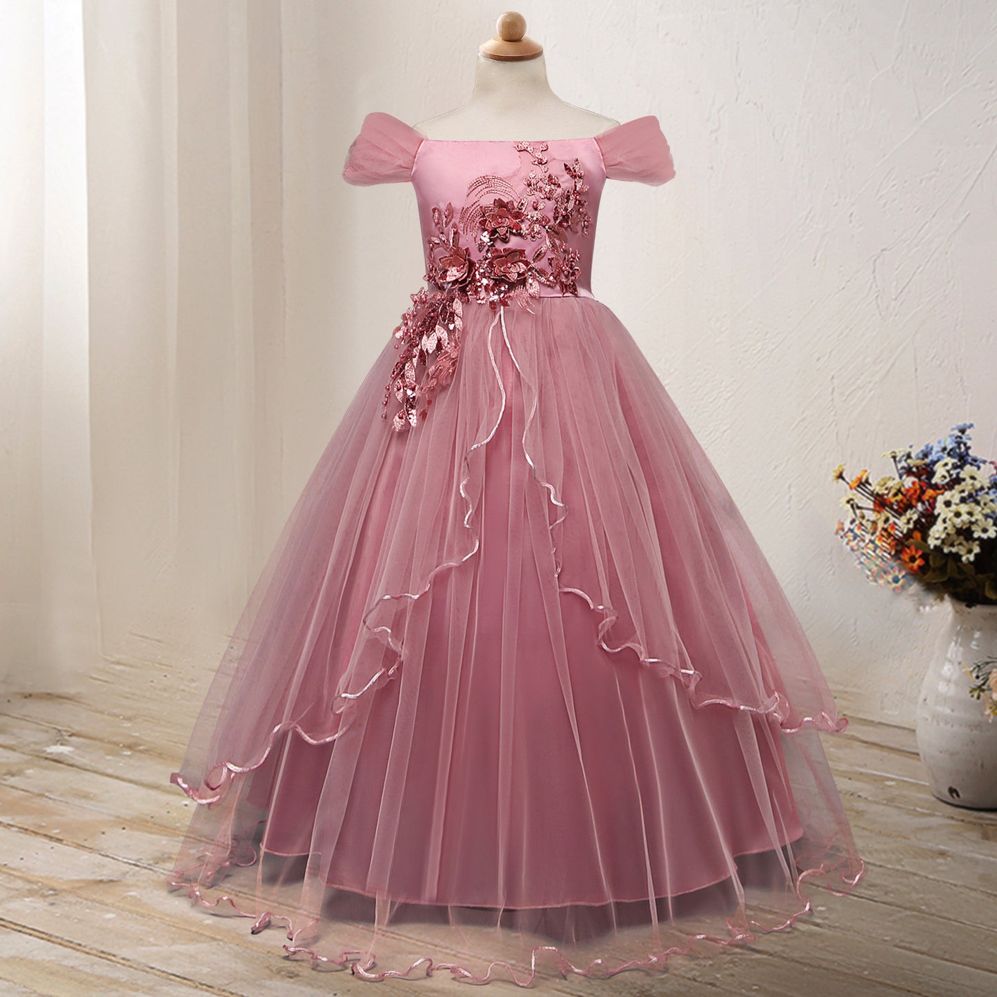 En-axel Princess Flower Dress Kostym