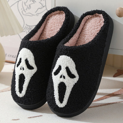 Pantoufles imprimées de dessin animé de crâne d'halloween, pantoufles chaudes d'hiver pour hommes et femmes, chaussures de maison pour Couple, pantoufles d'intérieur en coton