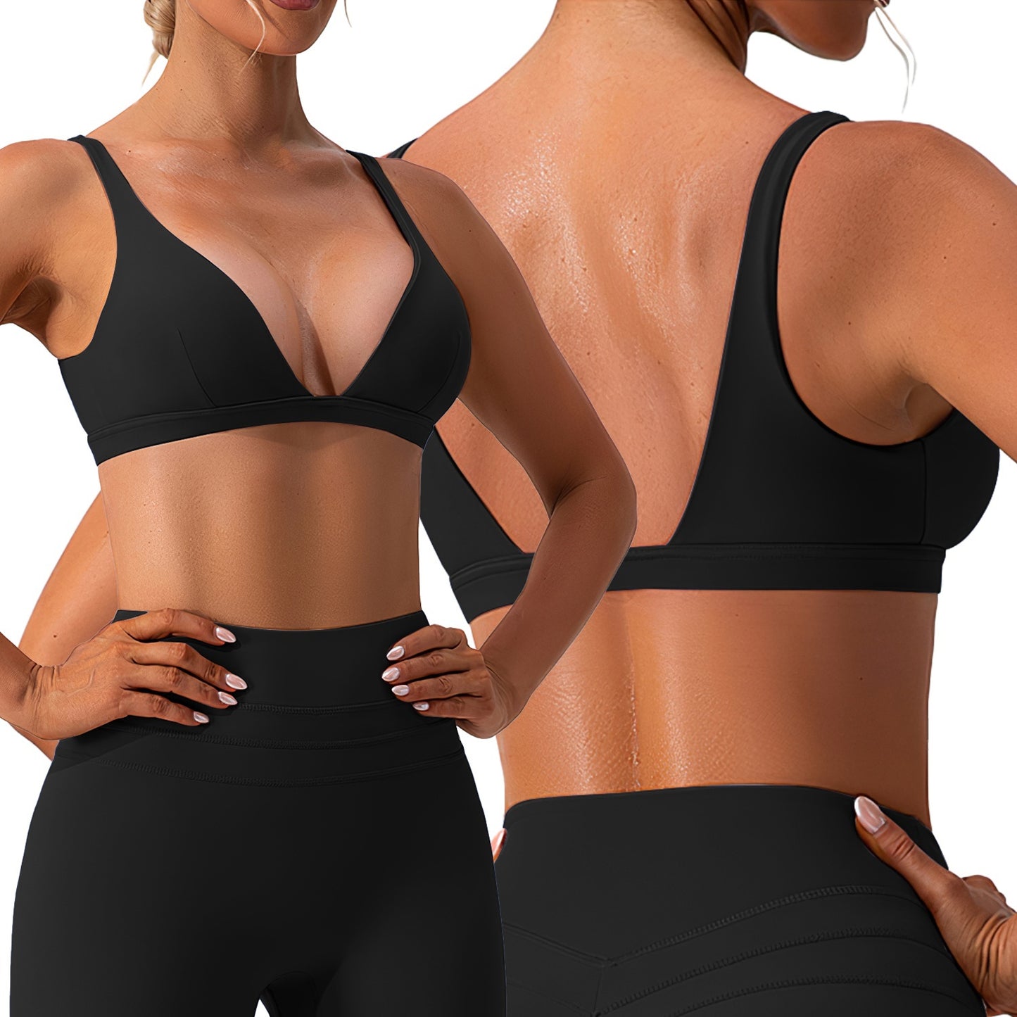 1Pc Women Deep V Neck Sports Bras U-Shaped Back Sport Bras Padded Strappy Crop Open Back Low Impact Bras Sexy Fitness Tank Tops With Removable Pads For Gym Yoga Workout Running