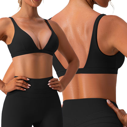 1Pc Women Deep V Neck Sports Bras U-Shaped Back Sport Bras Padded Strappy Crop Open Back Low Impact Bras Sexy Fitness Tank Tops With Removable Pads For Gym Yoga Workout Running