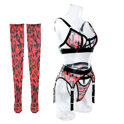 Wild Leopard Print Mesh Hollow Lingerie Stockings Sexy Lingerie Set