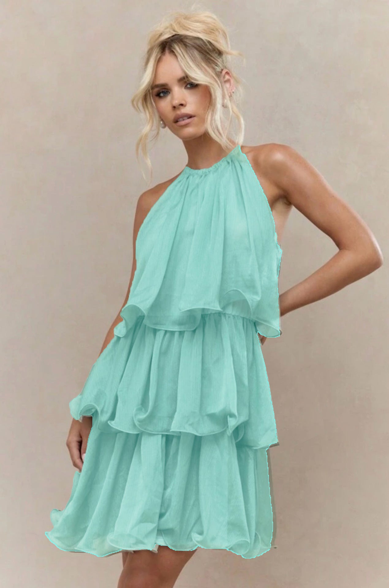 Elegant Halter Neck Sleeveless Strapless Sheer Layered Dress - Ruffled Hem Elegant Women's Summer Party Dress  Beach Vacation Outfits