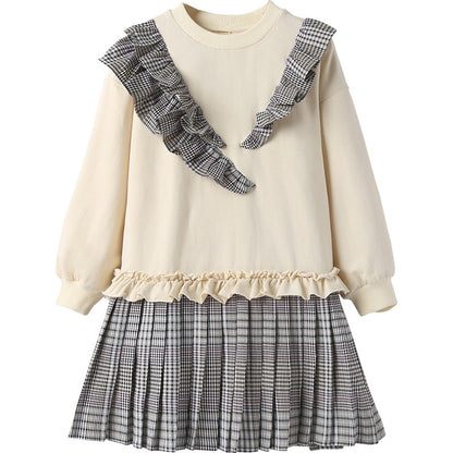 Girls' Dress In Big Kids Korean Style With Plaid Pleated