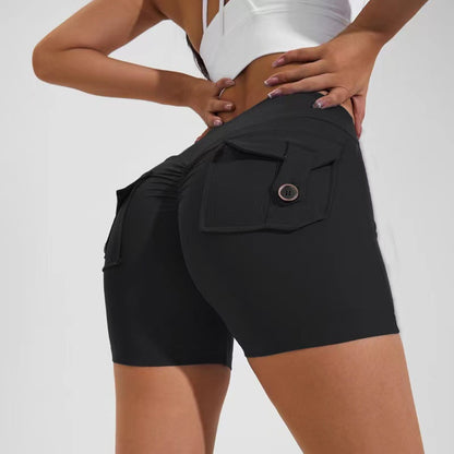 Höftlyftshorts med hög midja med fickor Quick Dry Yoga Fitness Sportbyxor Sommar Damkläder