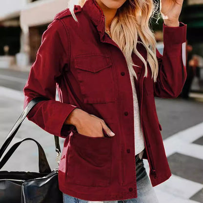 Women's Casual Fashion Solid Color Loose Zip Lapel Jacket
