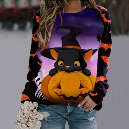 Sweat-shirt imprimé dessin animé d'Halloween, pull à manches longues pour femmes