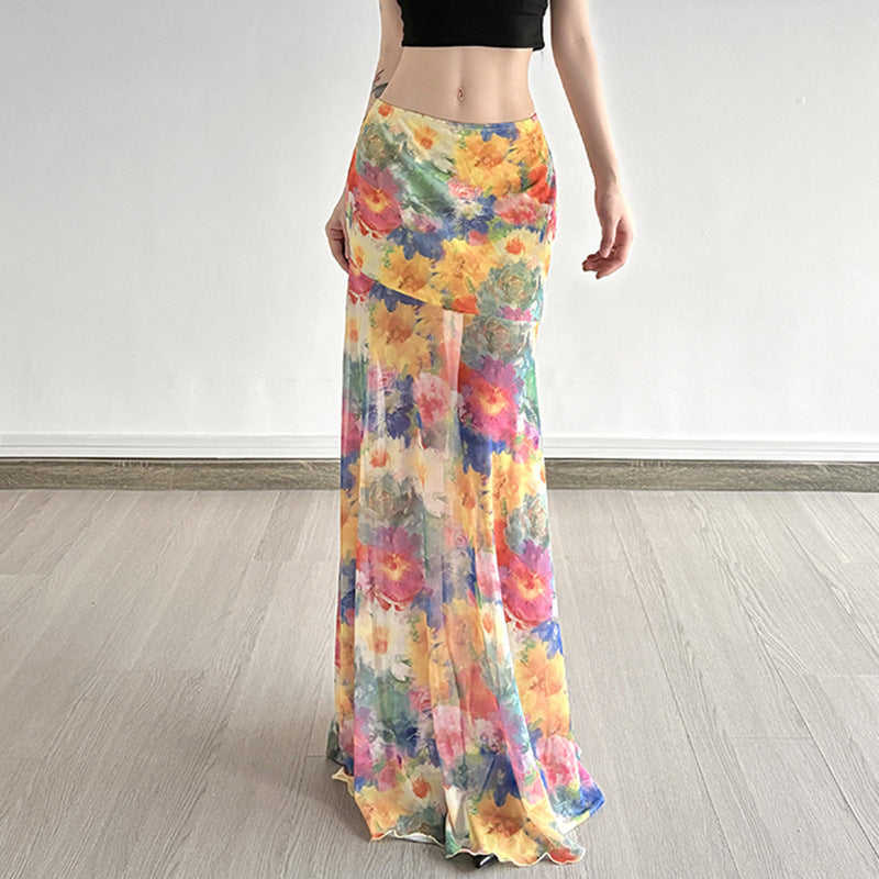 Professional Island Oil Painting Blooming Printed Mesh Skirt - Polyester A-Line (Color/Yellow, S-L, Vacation Socialite)