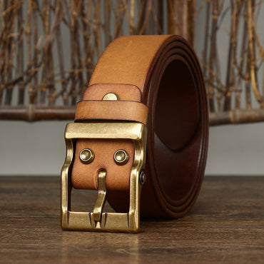 Men's Retro Washed Matte Top-Grain Leather Brass Buckle Belt - Sophisticated Texture