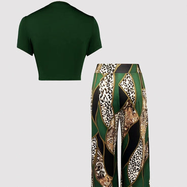 Sommarset med rund halsringning, blommig ärm och linne och byxor för damer, leopardmönstrad skjorta 