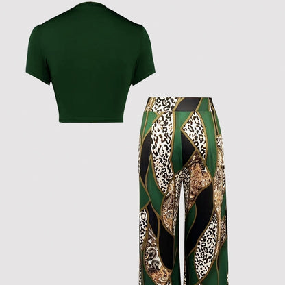 Sommarset med rund halsringning, blommig ärm och linne och byxor för damer, leopardmönstrad skjorta 