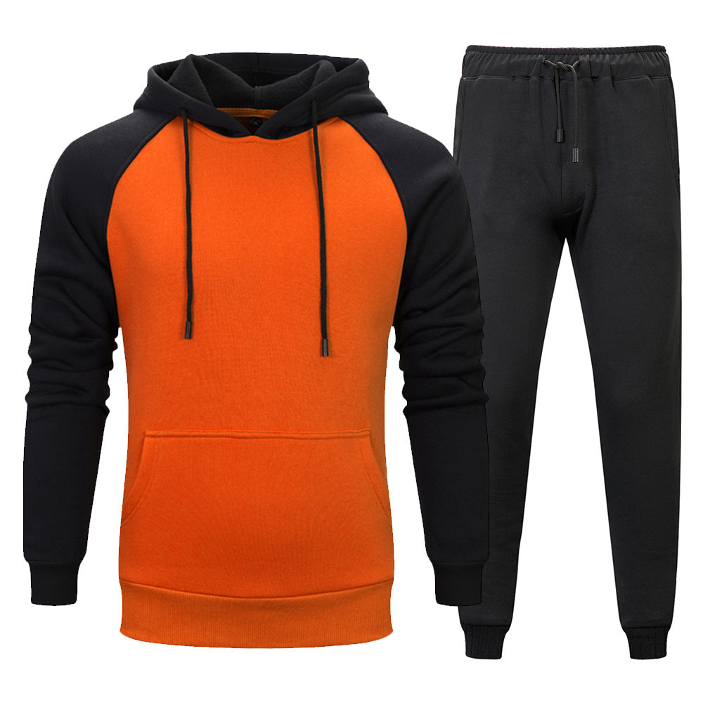 Fashion Trend Color Contrast Hooded Sweater Solid Color Waist Trousers For Men