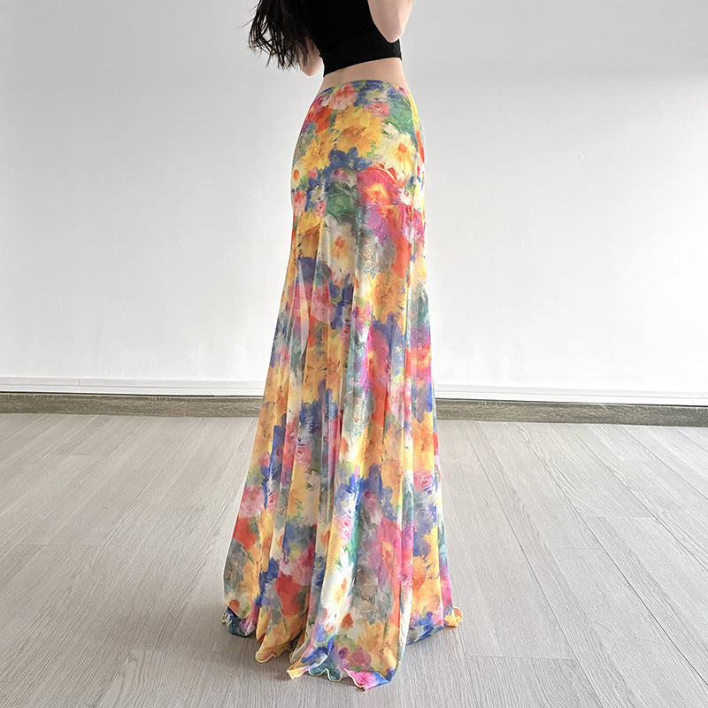 Professional Island Oil Painting Blooming Printed Mesh Skirt - Polyester A-Line (Color/Yellow, S-L, Vacation Socialite)