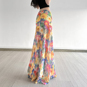 Professional Island Oil Painting Blooming Printed Mesh Skirt - Polyester A-Line (Color/Yellow, S-L, Vacation Socialite)