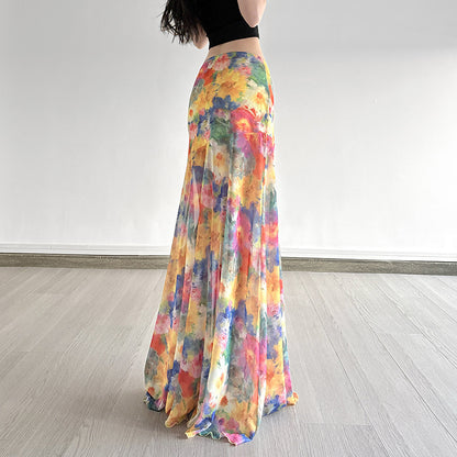Professional Island Oil Painting Blooming Printed Mesh Skirt - Polyester A-Line (Color/Yellow, S-L, Vacation Socialite)