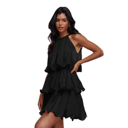Elegant Halter Neck Sleeveless Strapless Sheer Layered Dress - Ruffled Hem Elegant Women's Summer Party Dress  Beach Vacation Outfits